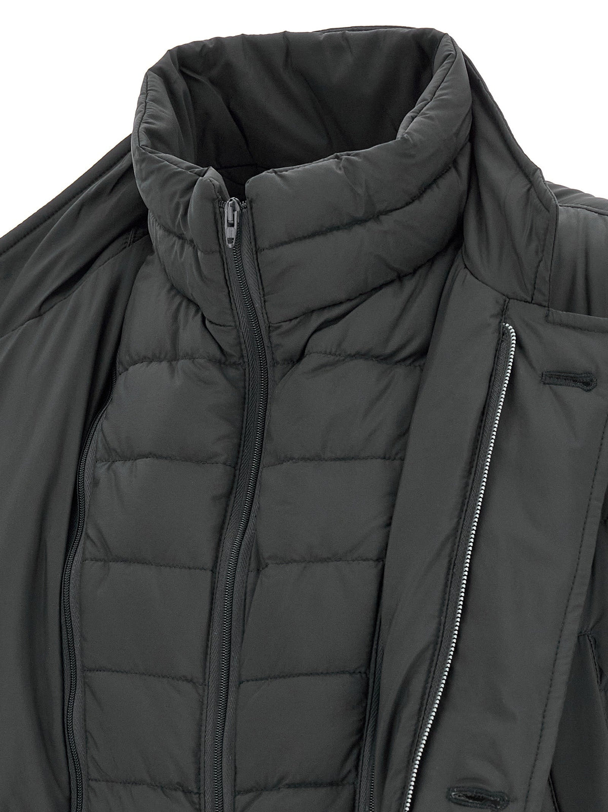Men's black polyamide puffer coat with hood, full front zip and side slip pockets