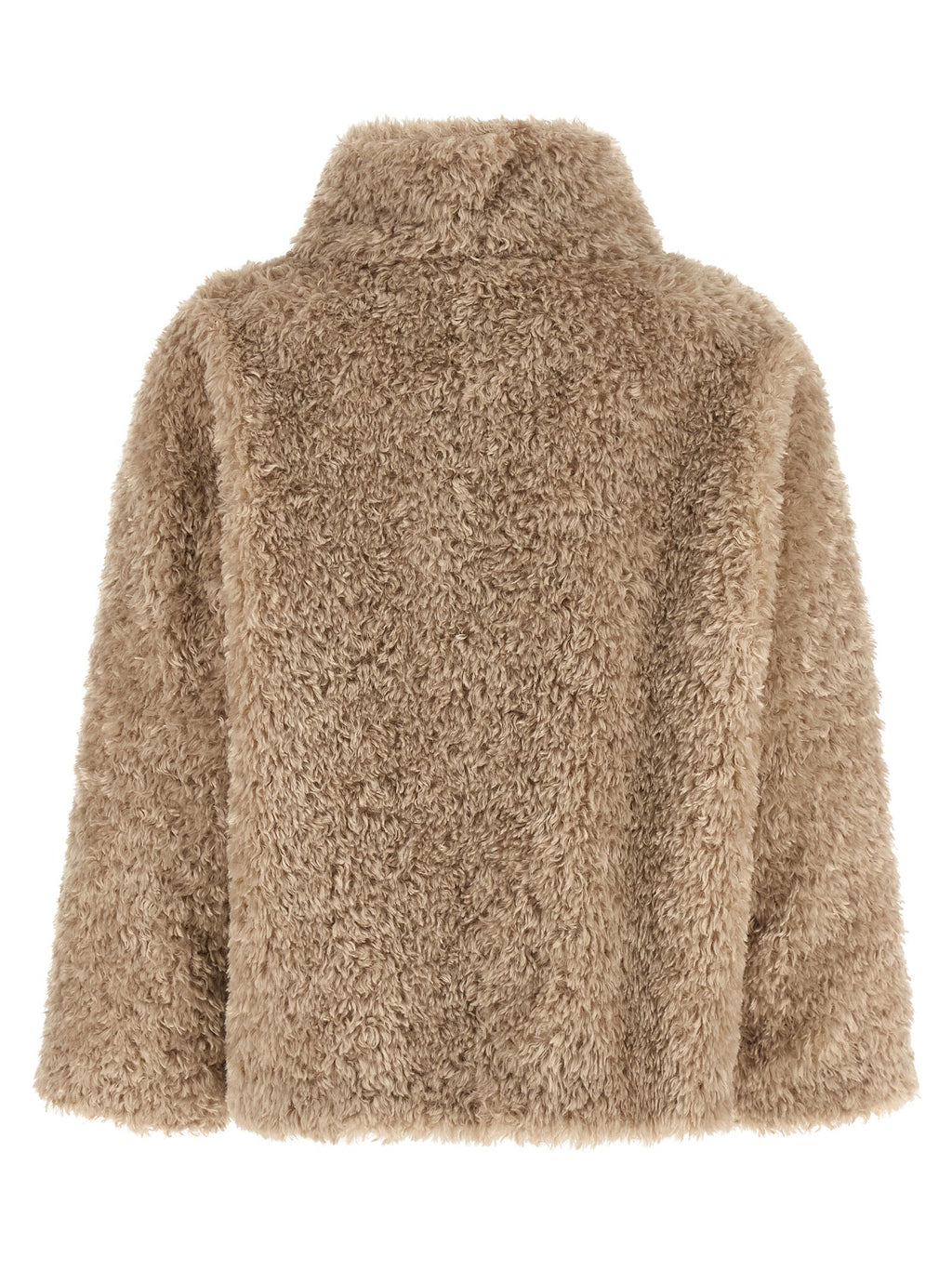 Women’s taupe teddy-fleece polyester coat, back view with stand collar