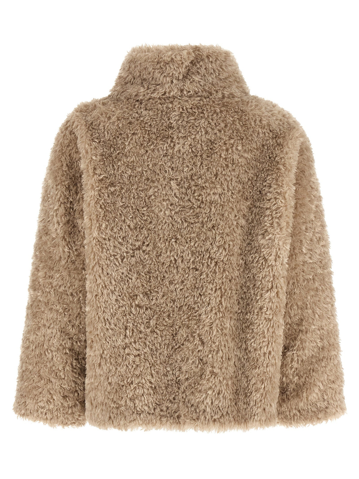 Women’s taupe teddy-fleece polyester coat, back view with stand collar