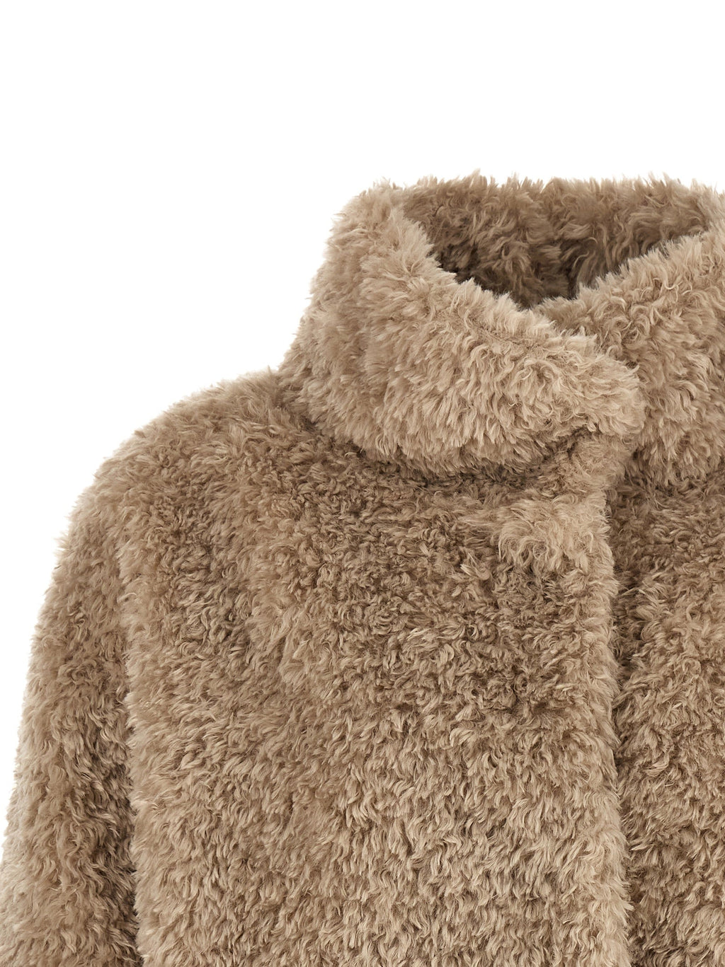 Women’s taupe teddy-fleece coat close-up of stand collar and hood