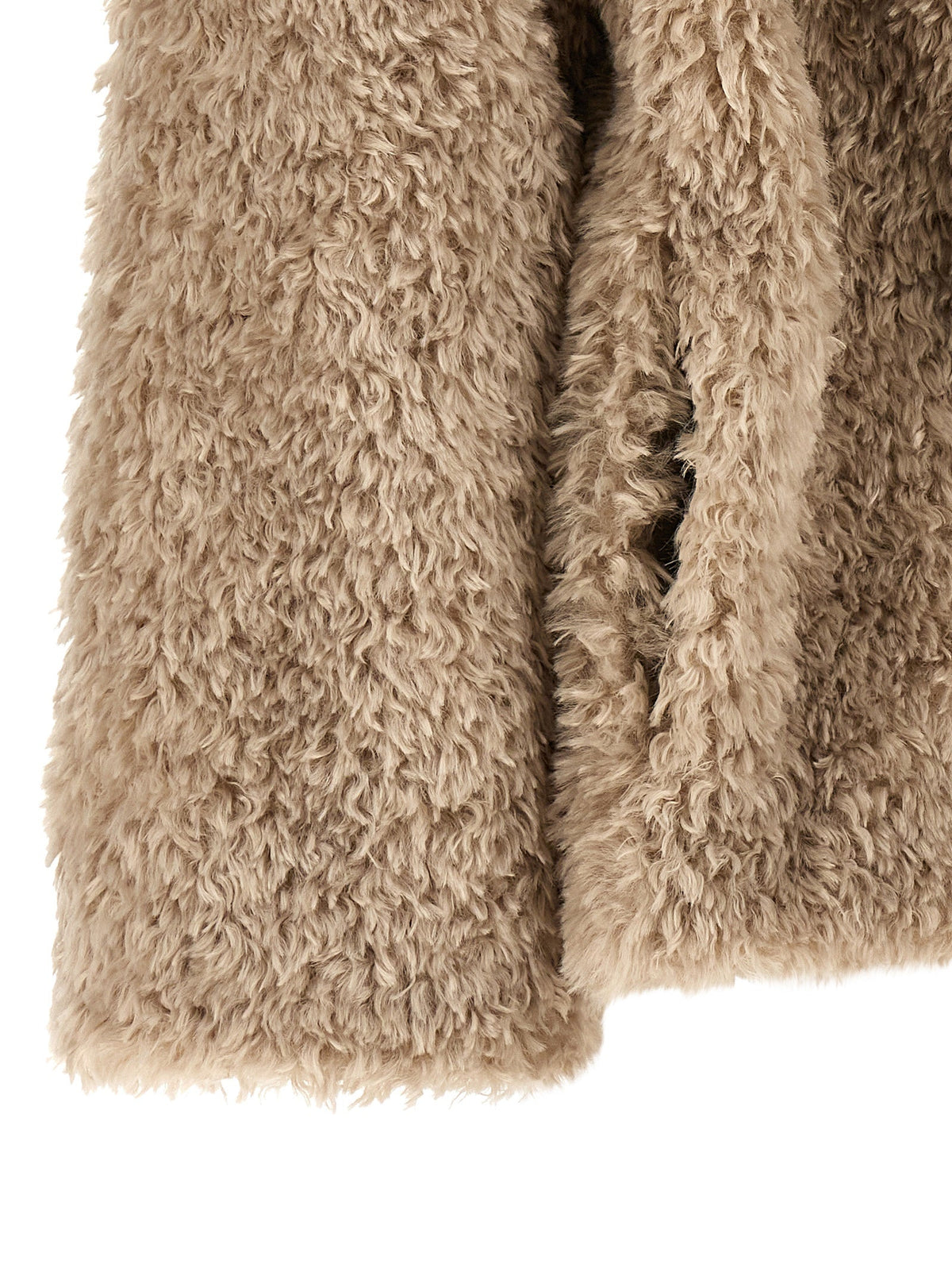 Women’s taupe teddy-fleece coat sleeve and side seam detail