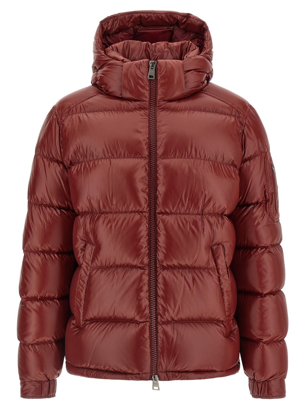 Men's Herno hooded puffer jacket in burgundy, full-zip front and side pockets.
