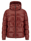 Men's Herno hooded puffer jacket in burgundy, full-zip front and side pockets.