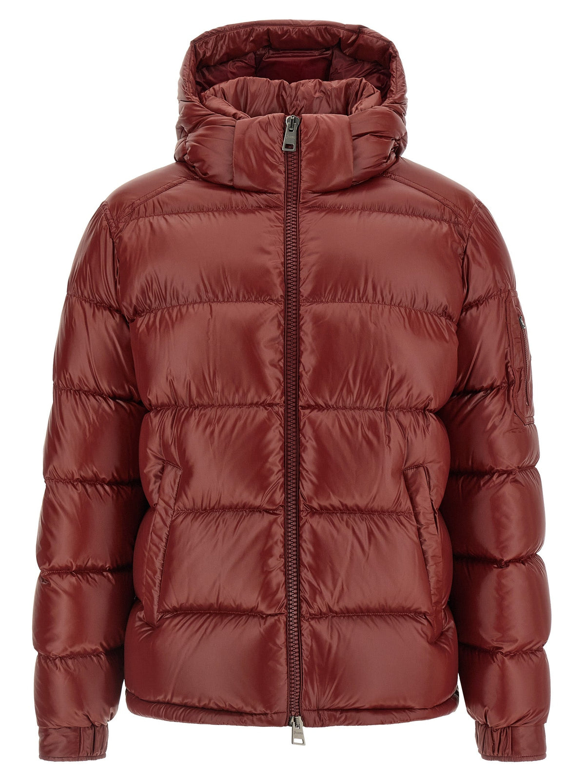Men's Herno hooded puffer jacket in burgundy, full-zip front and side pockets.
