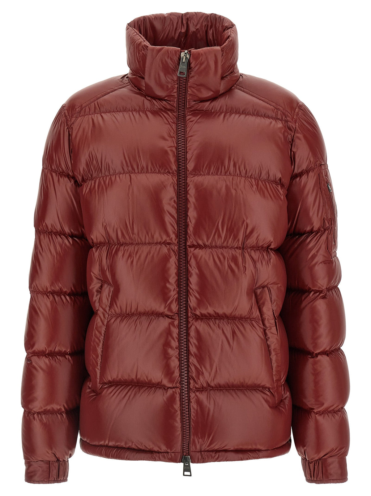 Men's Herno hooded puffer jacket in burgundy, quilted panels with full-zip and cuffs.