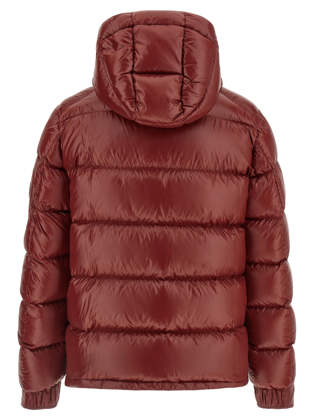 Men's Herno quilted puffer jacket with attached hood, burgundy, back view.