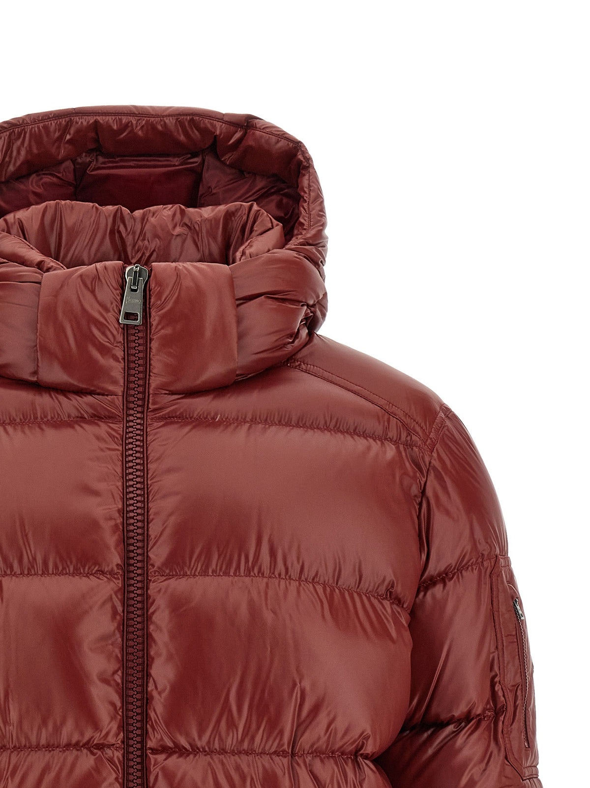 Men's Herno burgundy puffer jacket detail: full-zip front and hood with sleeve quilting.