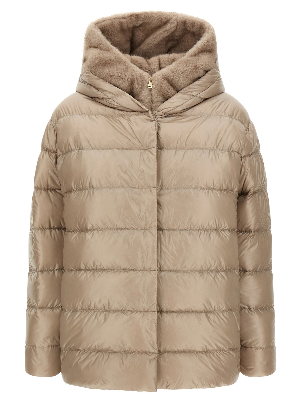 Beige quilted puffer jacket with faux fur hood and front zipper