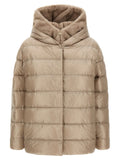 Beige quilted puffer jacket with faux fur hood and front zipper