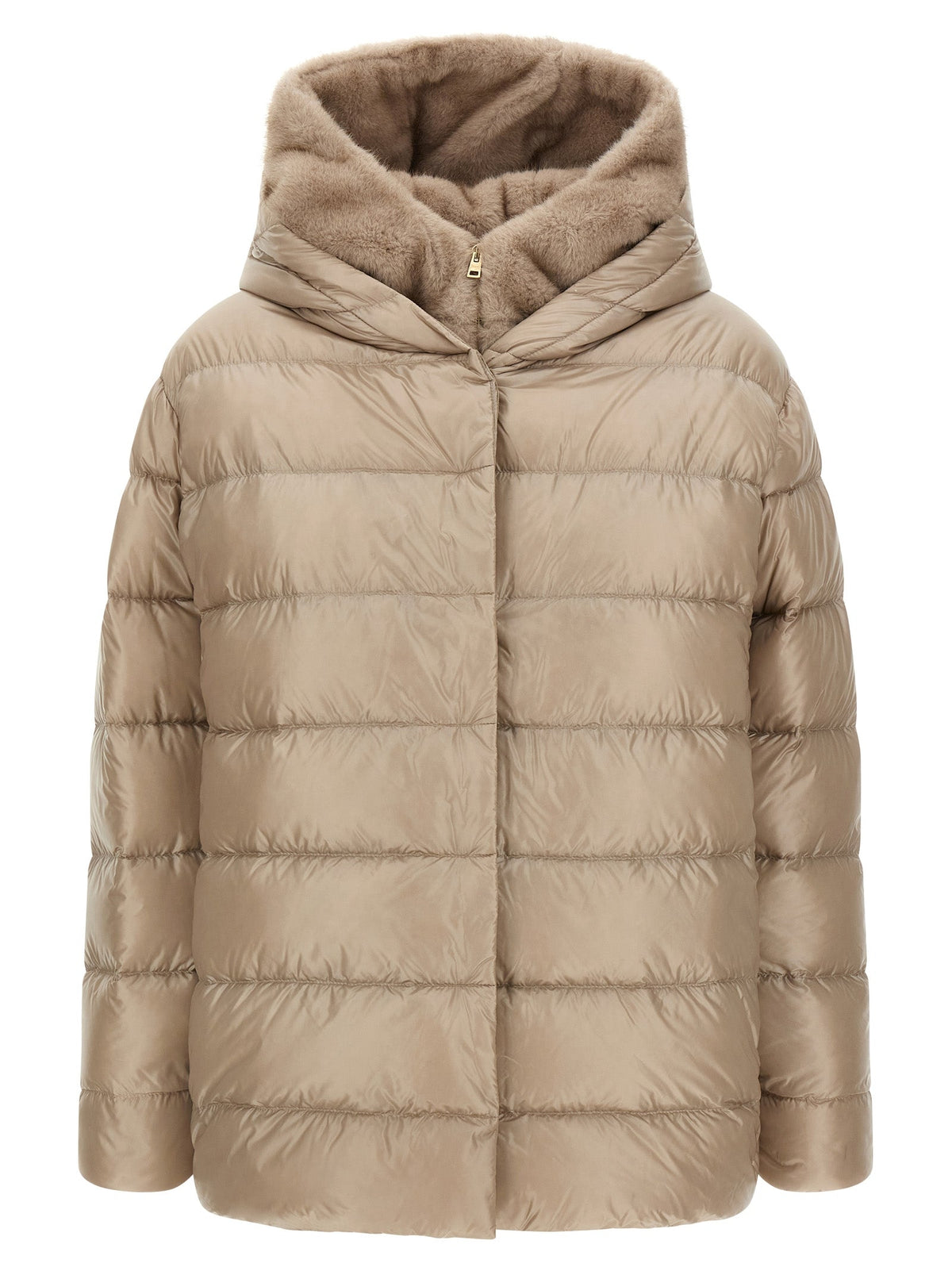 Beige quilted puffer jacket with faux fur hood and front zipper