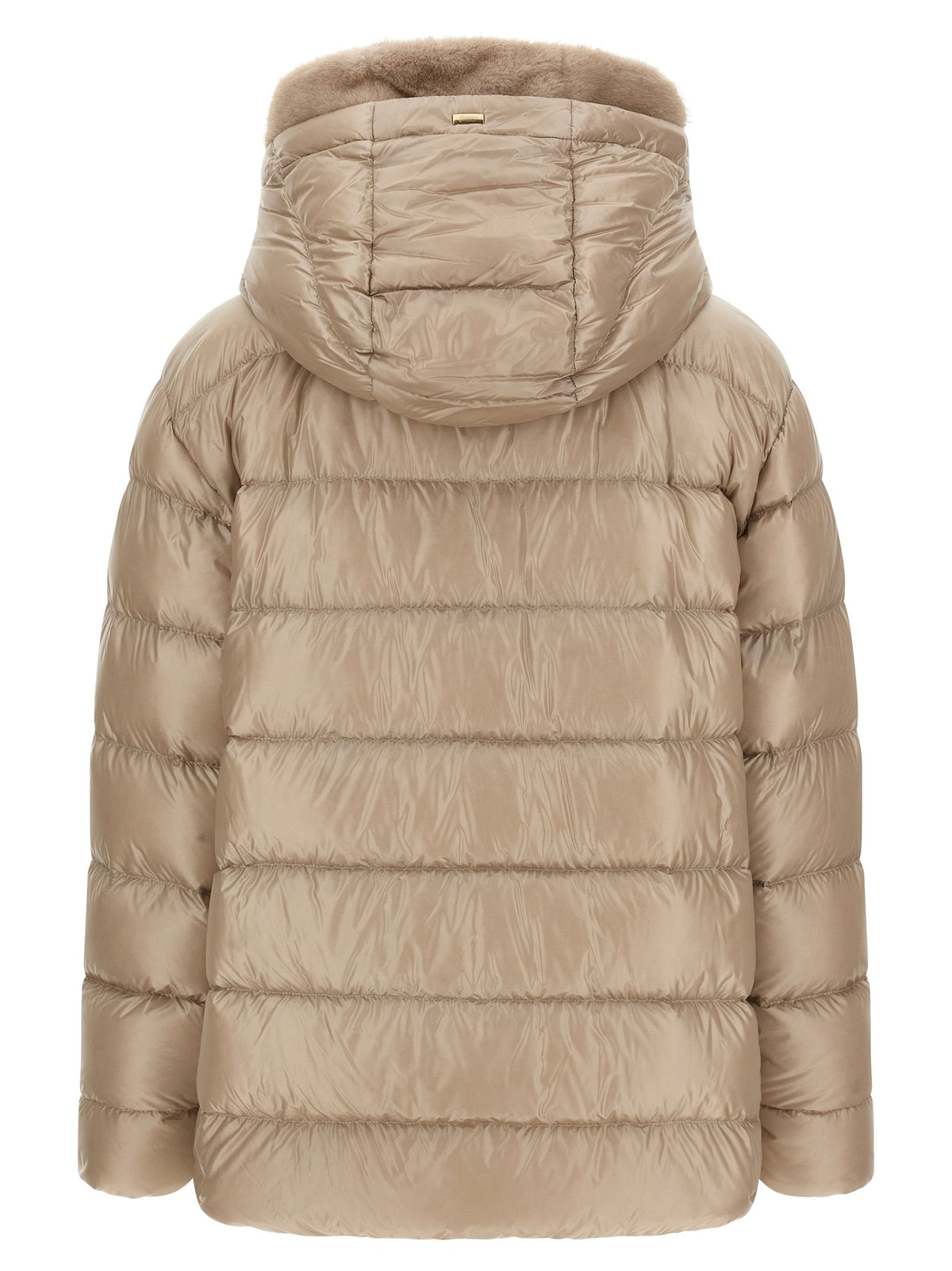 Beige full-length quilted puffer jacket with faux fur-lined hood and front zip