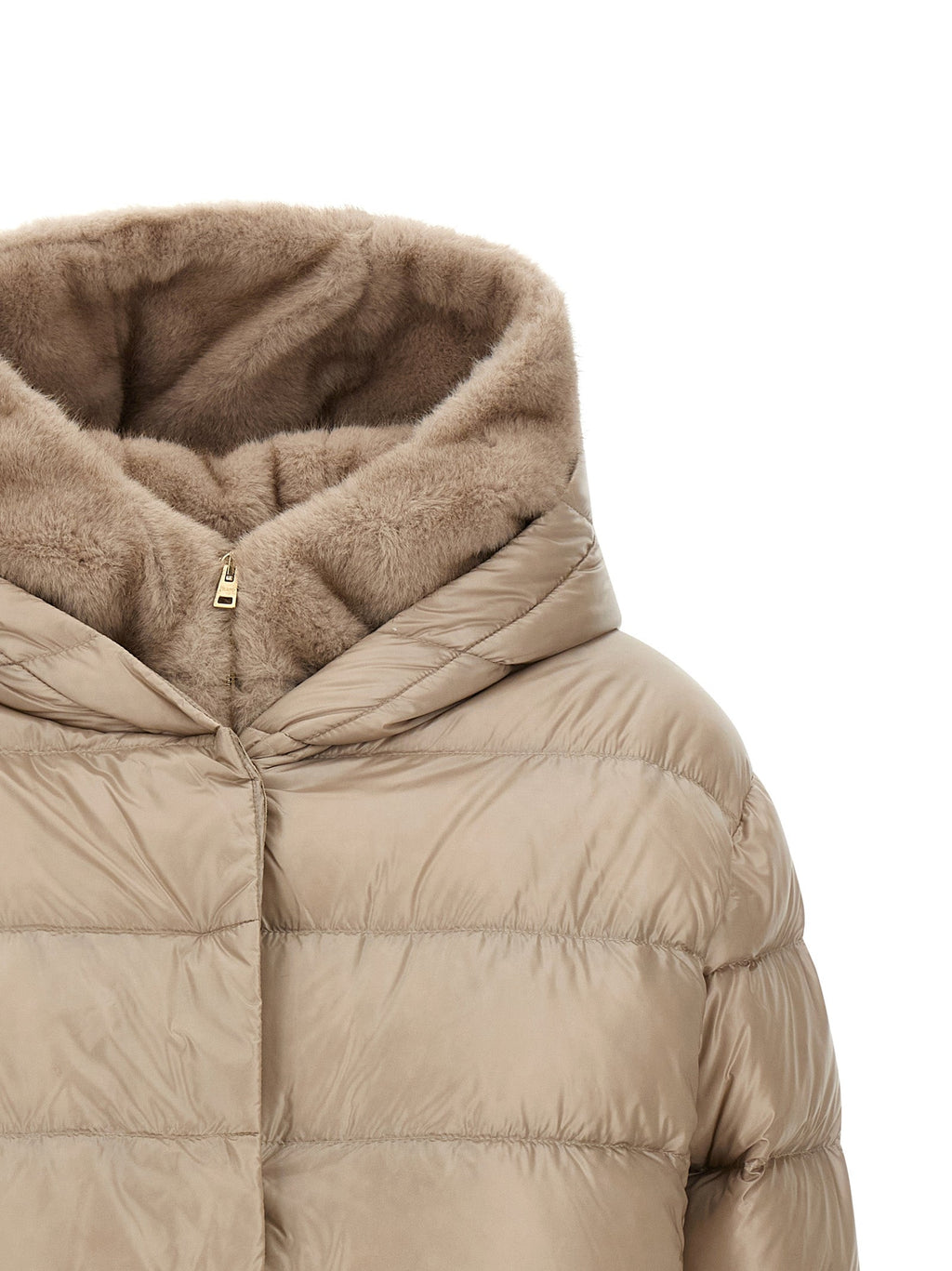 Beige puffer jacket with faux fur hood lining and centered front zipper