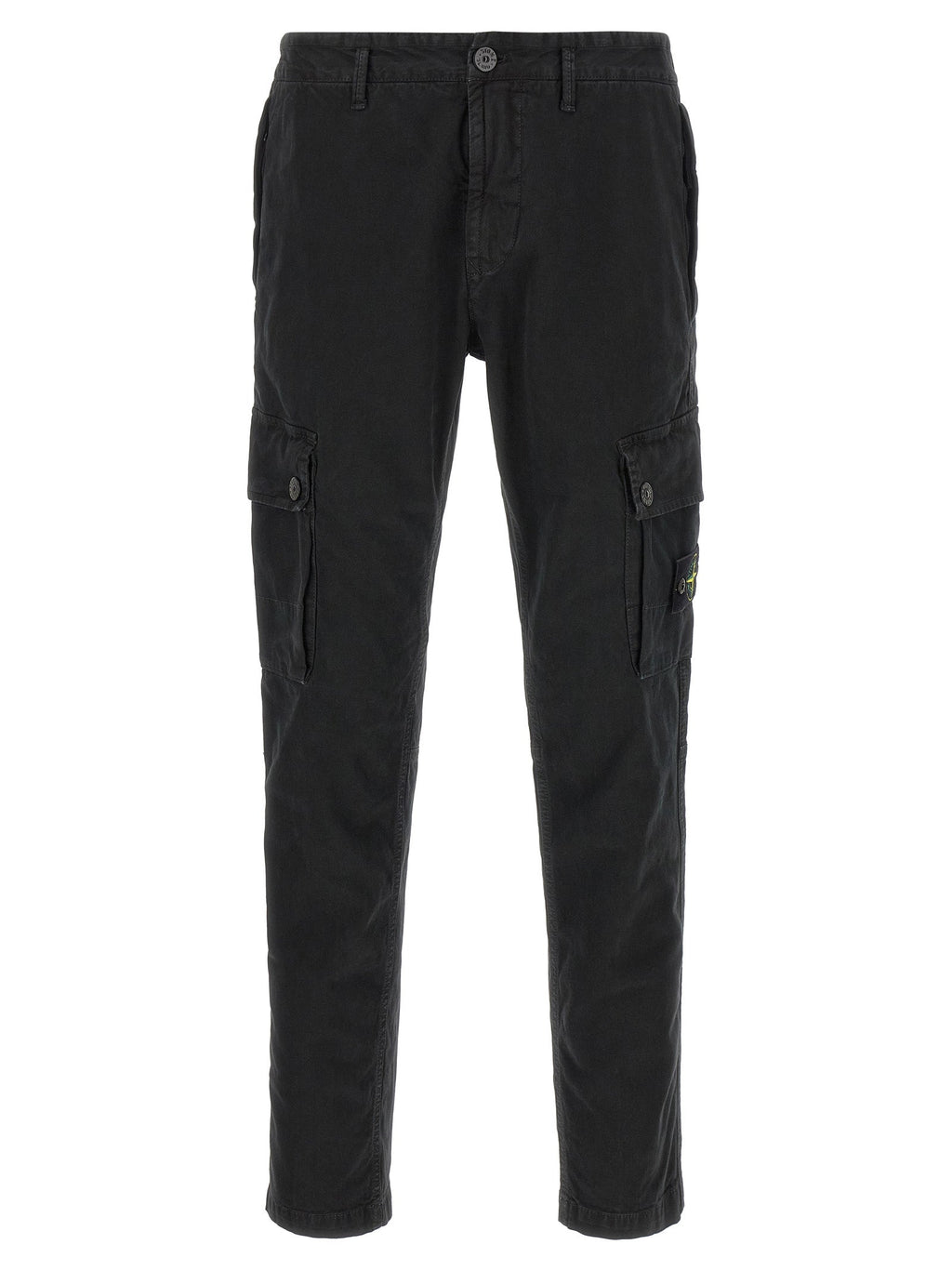 Men's dark cotton cargo pants with button waist and side cargo pockets