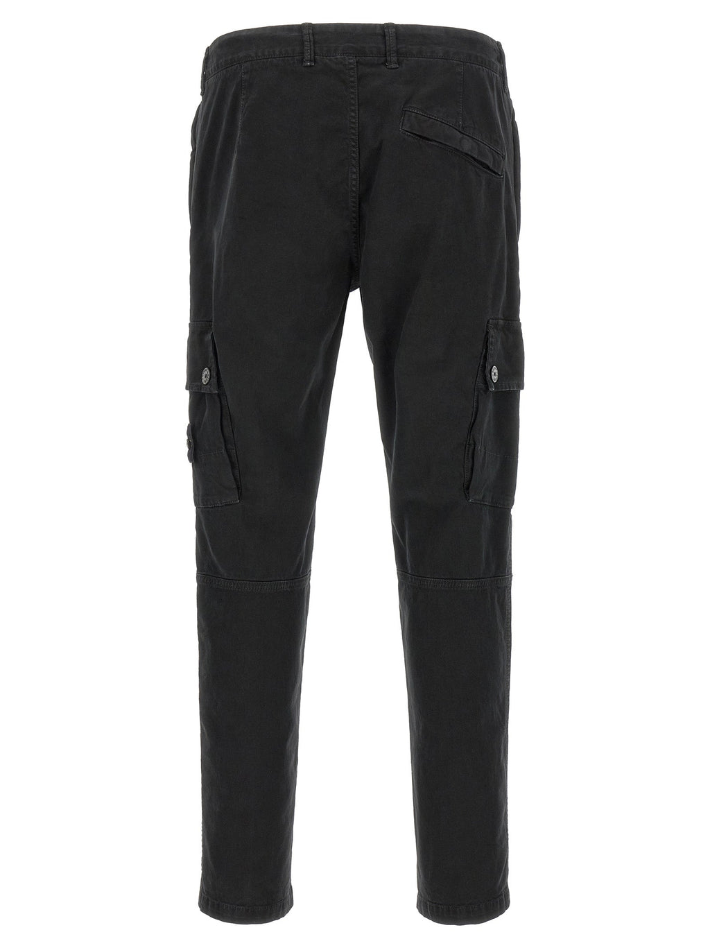 Men's dark cotton cargo pants with tapered legs and cargo flap pockets