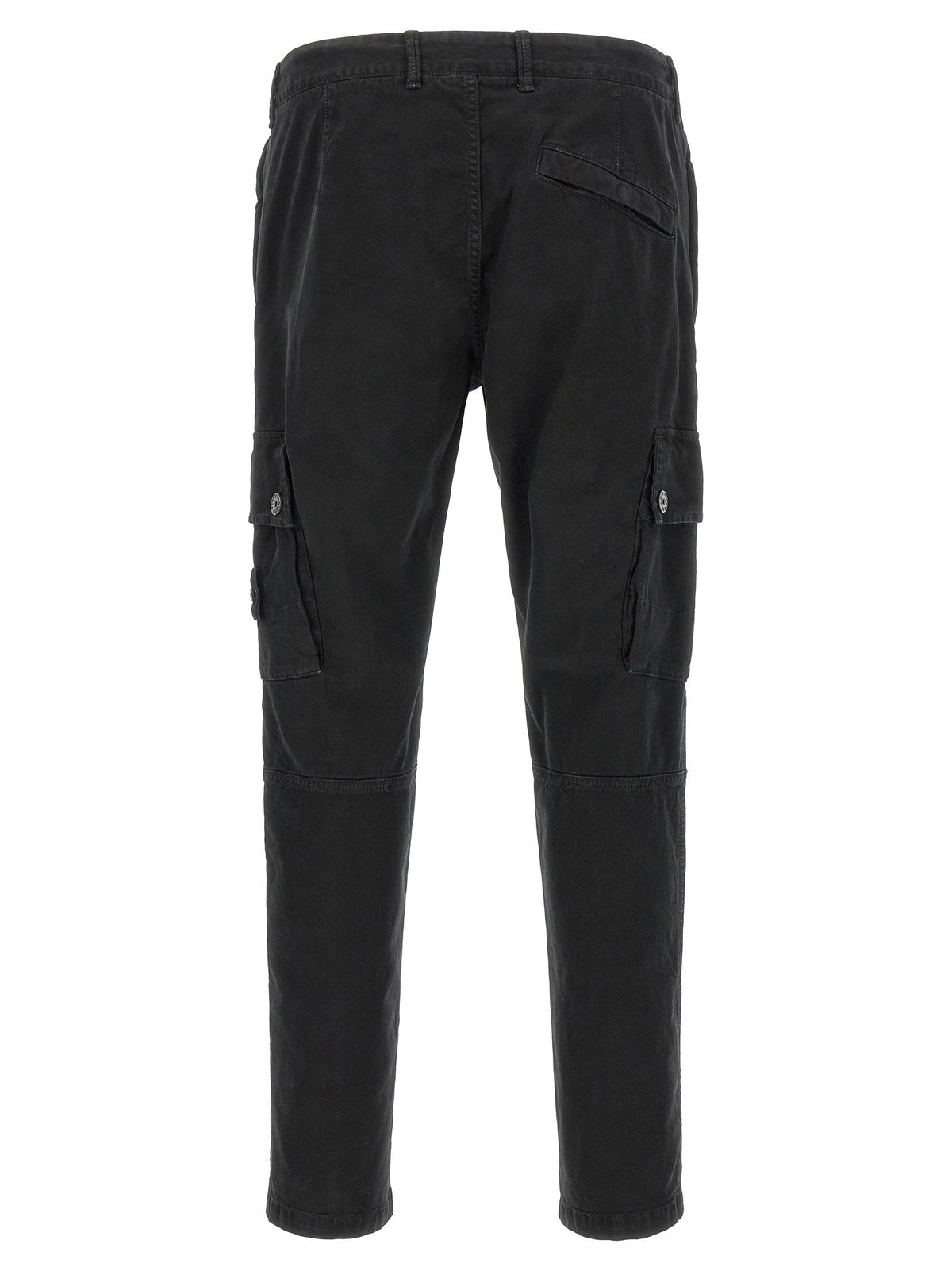 Men's dark cotton cargo pants with tapered legs and cargo flap pockets