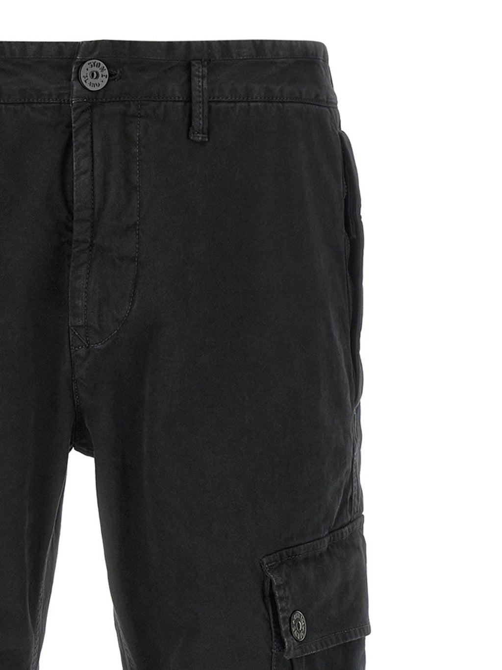 Men's dark cotton cargo pants with waistband button and side cargo pocket close-up