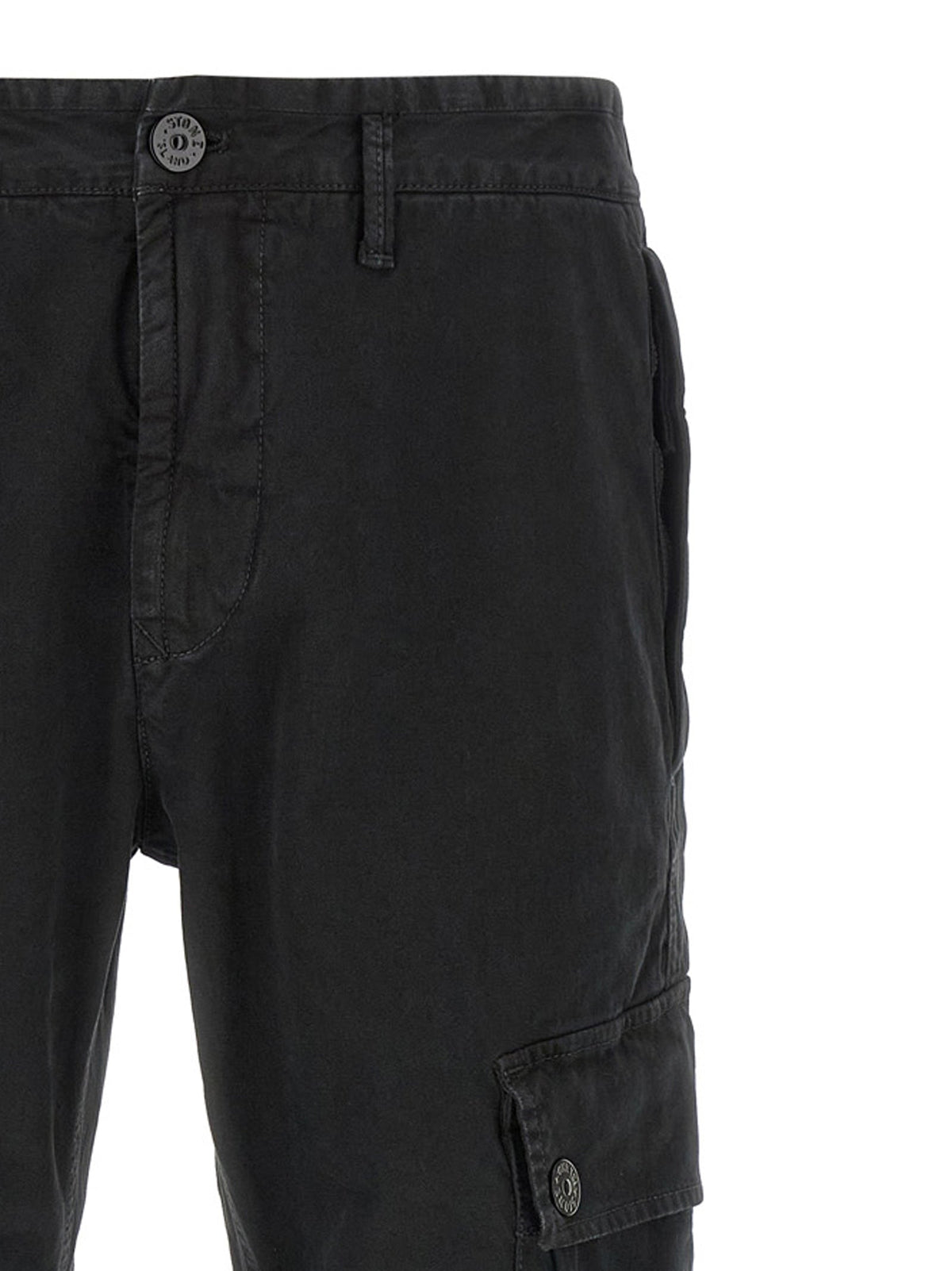 Men's dark cotton cargo pants with waistband button and side cargo pocket close-up