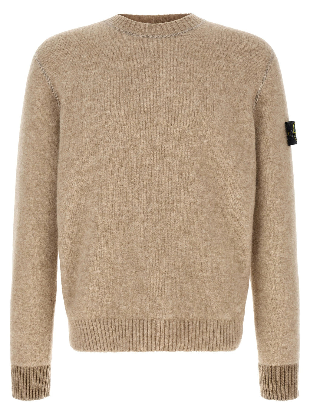 Men's wool cardigan in beige, crew neck and ribbed cuffs and hem.
