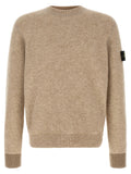 Men's wool cardigan in beige, crew neck and ribbed cuffs and hem.