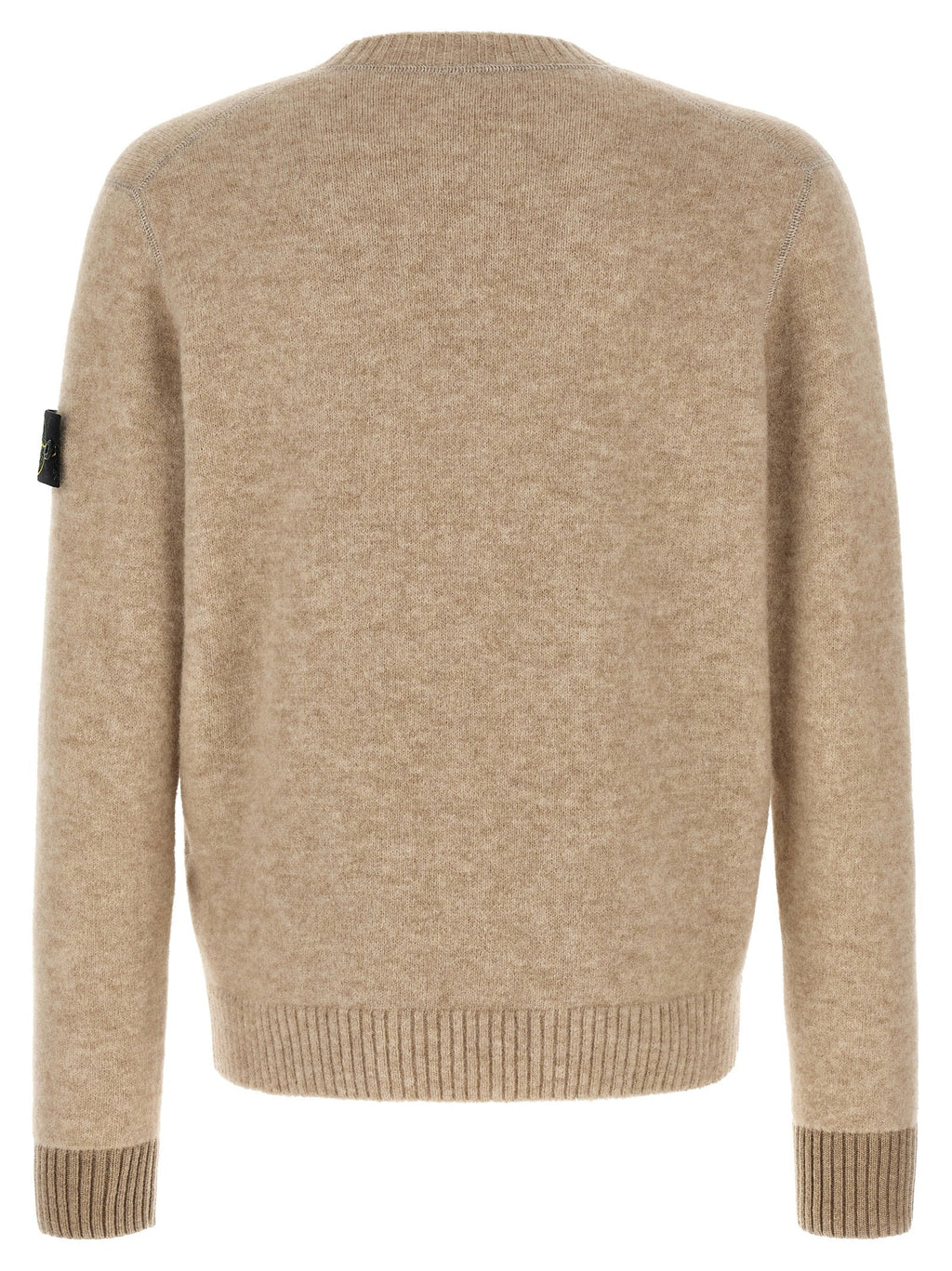 Men's wool cardigan back view, ribbed hem and cuffs, beige knit.