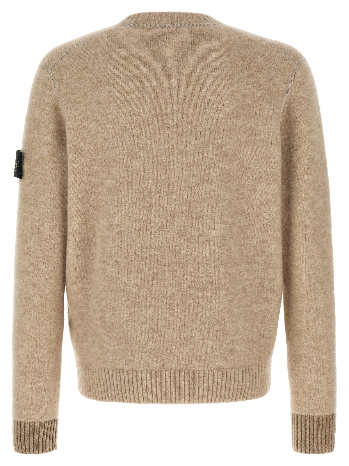 Men's wool cardigan back view, ribbed hem and cuffs, beige knit.