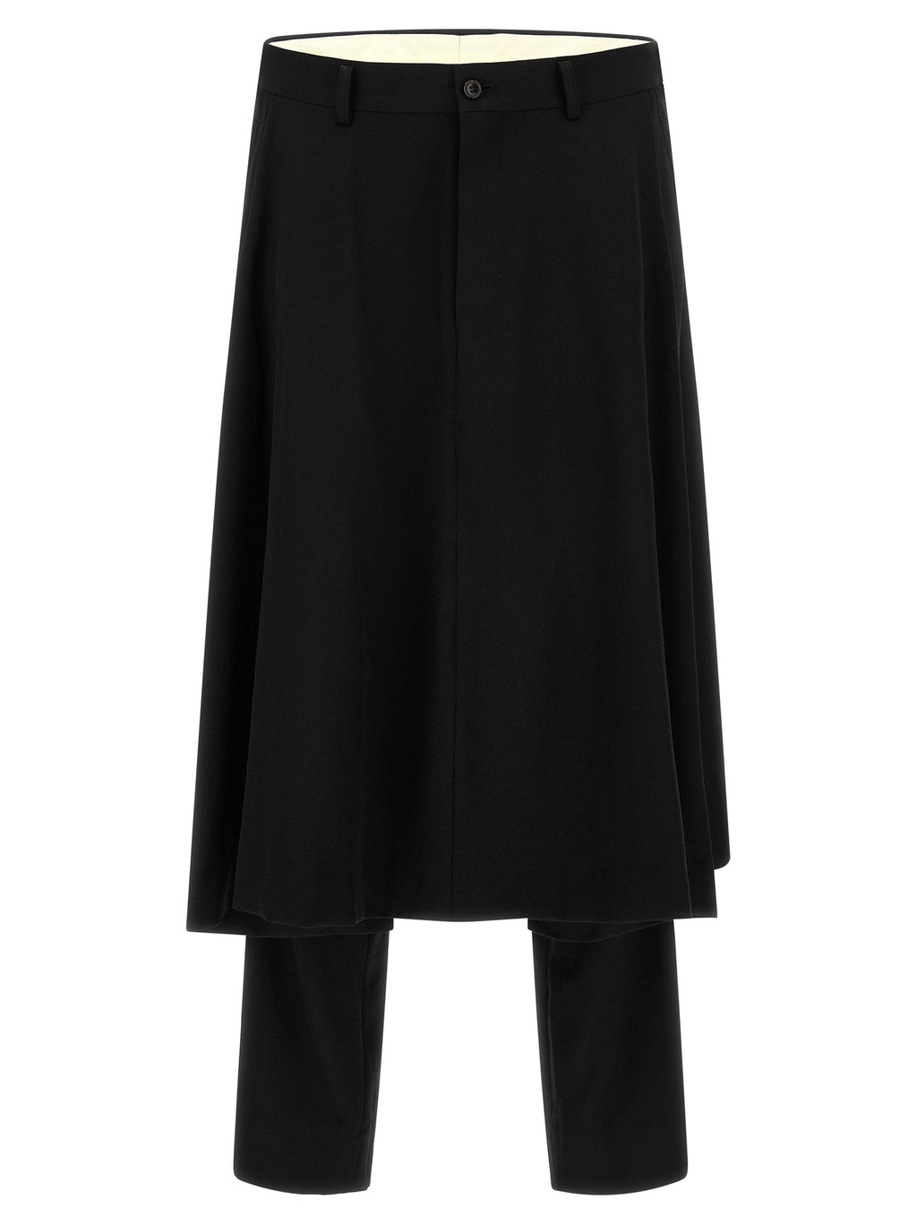 Men's black wool dress pants with long draped overlay, button waist