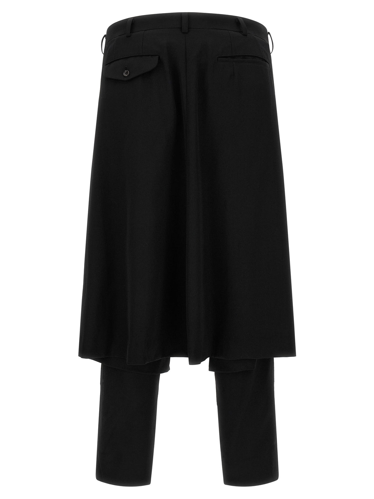 Men's black wool dress pants with draped overskirt panel and belt loops