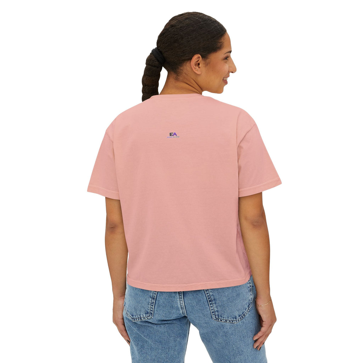 Boxy cropped cat graphic tee, pastel pink, crew neck, short sleeves