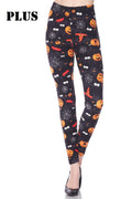 Plus size Halloween leggings in dark fabric with orange jack-o'-lantern and web print