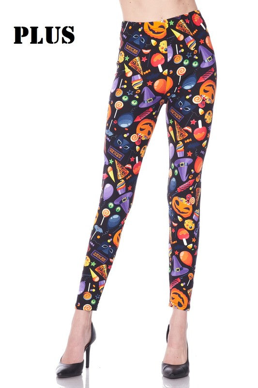 Plus size Halloween print brushed leggings with colorful jack-o-lantern icons