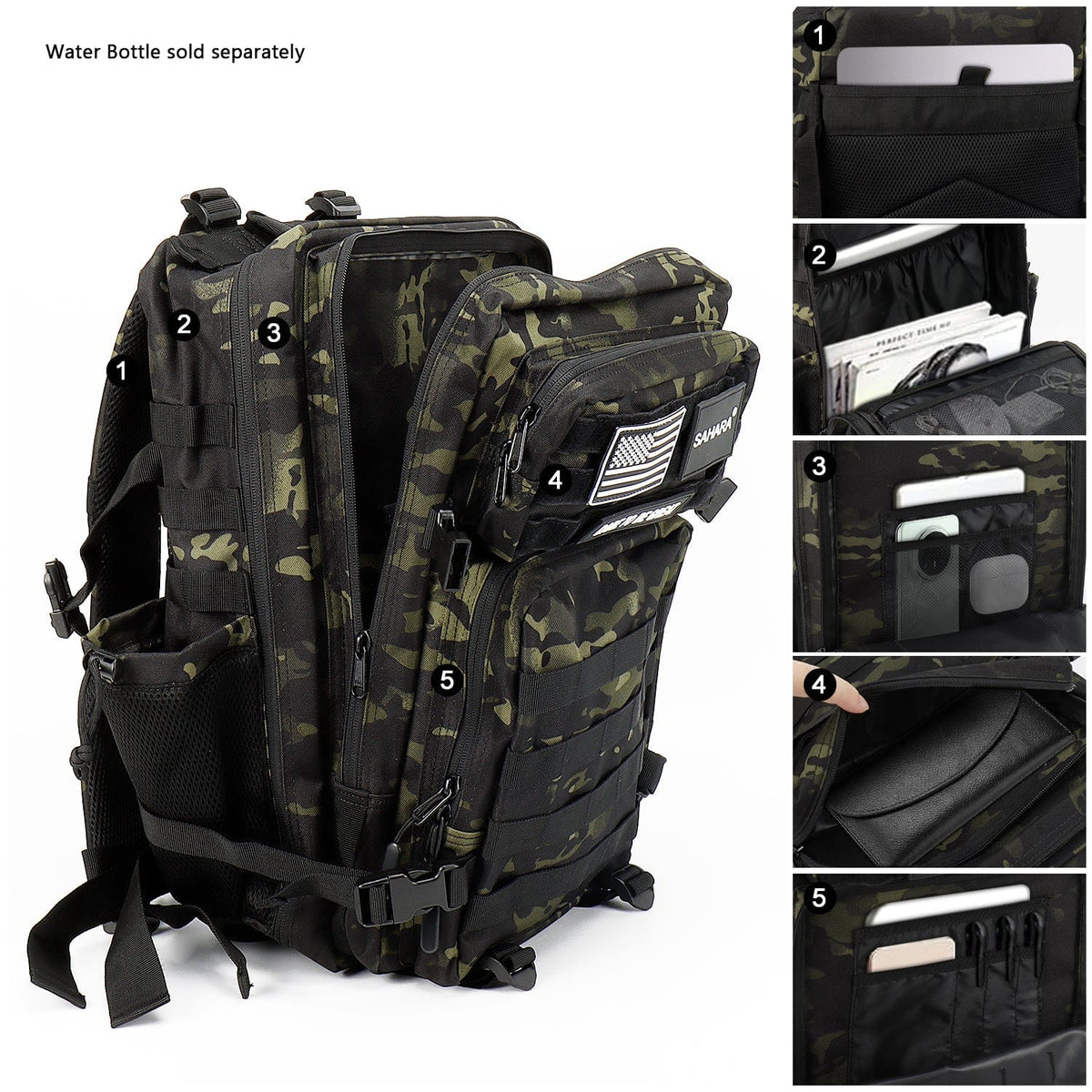 Green and black camouflage travel laptop backpack with multiple front pockets and zippers