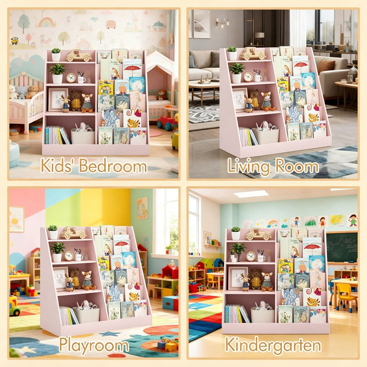 Pink kids bookshelf in a playroom with books and toys arranged in cubbies