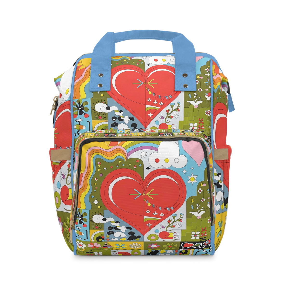 Heart quilt diaper backpack with colorful patchwork, front zip pocket, blue handles