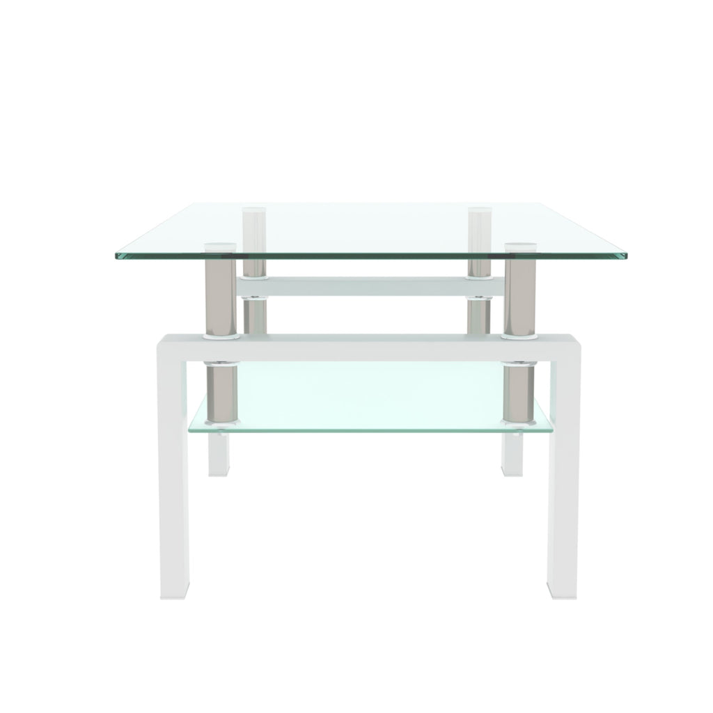 Modern white coffee table with clear glass top and lower shelf, straight legs