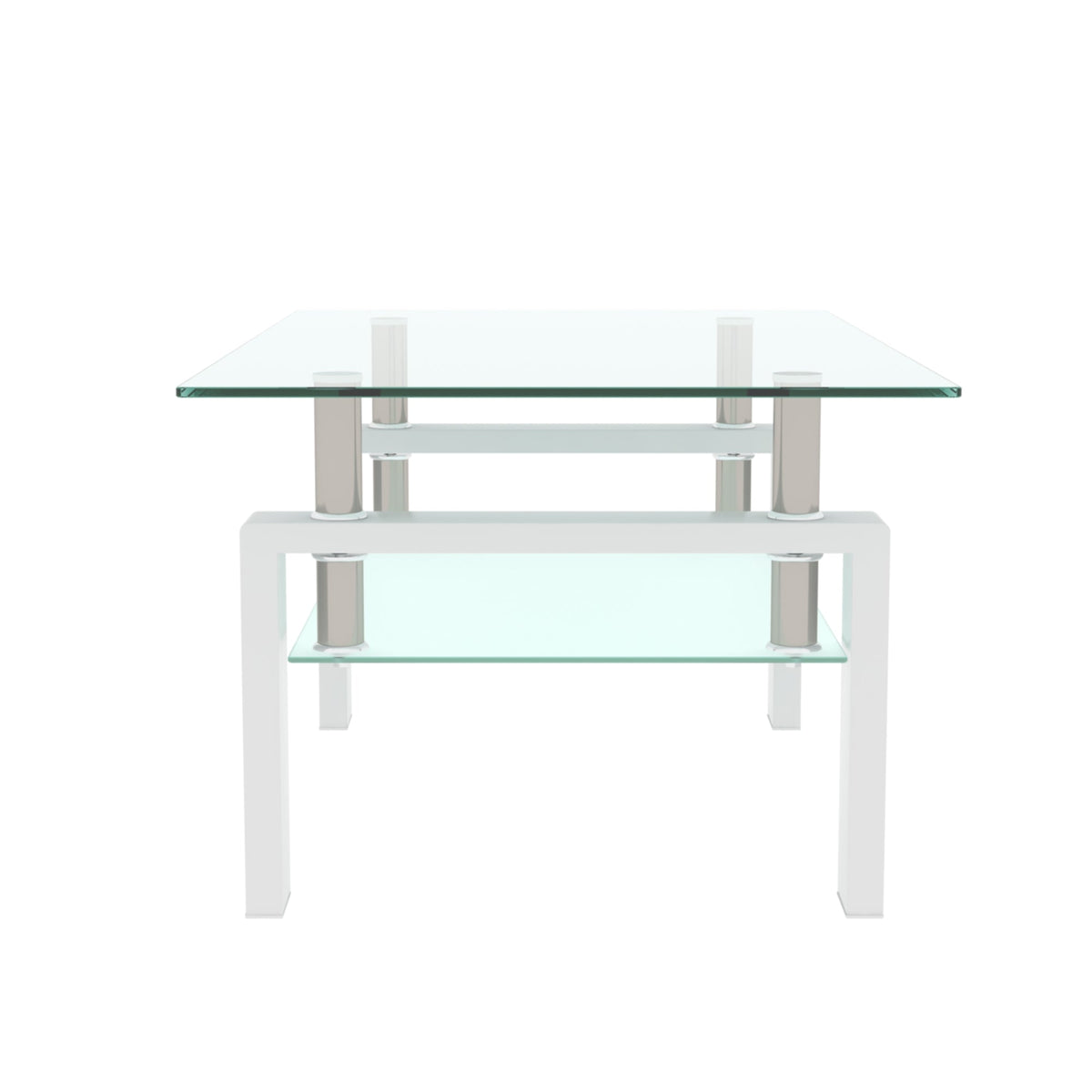 Modern white coffee table with clear glass top and lower shelf, straight legs