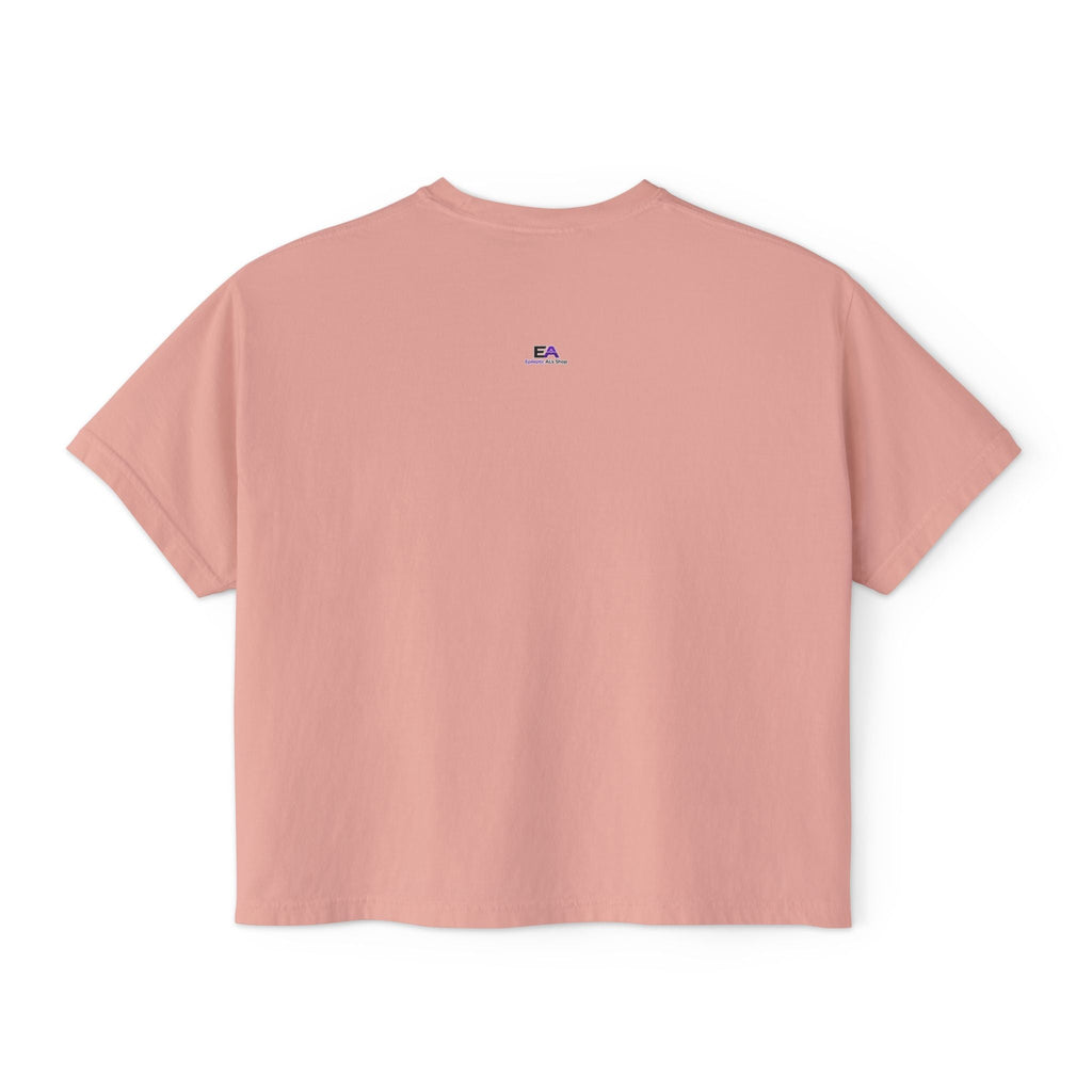 Boxy cropped cat tee in peach-pink with small EA logo on the back