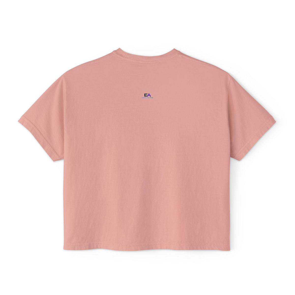 Boxy cropped cat tee in peach-pink with small EA logo on the back