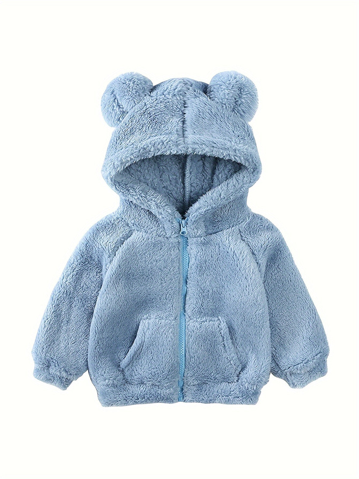 Baby girl fuzzy hooded jacket in light blue plush with bear-ear hood and front zipper