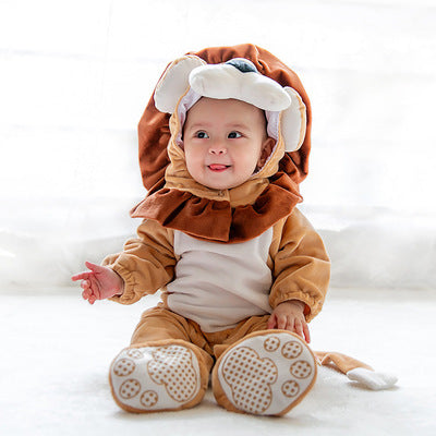 Baby Halloween animal jumpsuit in brown with white cap hood and patterned footies
