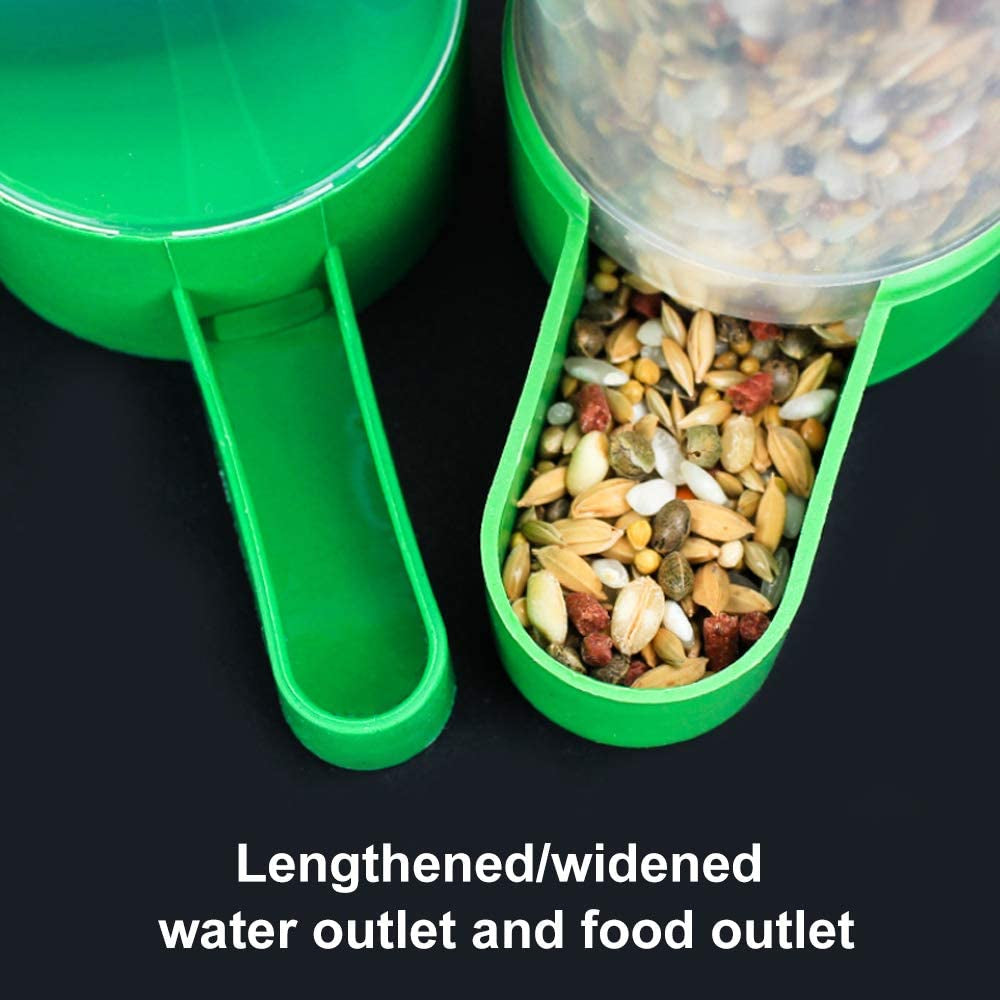 Green feeder outlets show separate elongated troughs for water and birdseed