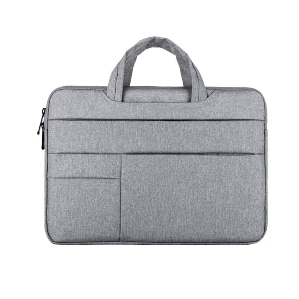 Light gray laptop bag with padded top handle, zipper, and front pocket.