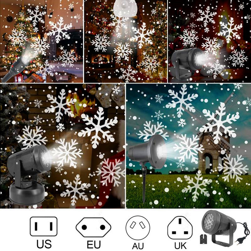 Black LED projector light projecting white snowflakes across a multi-scene wall