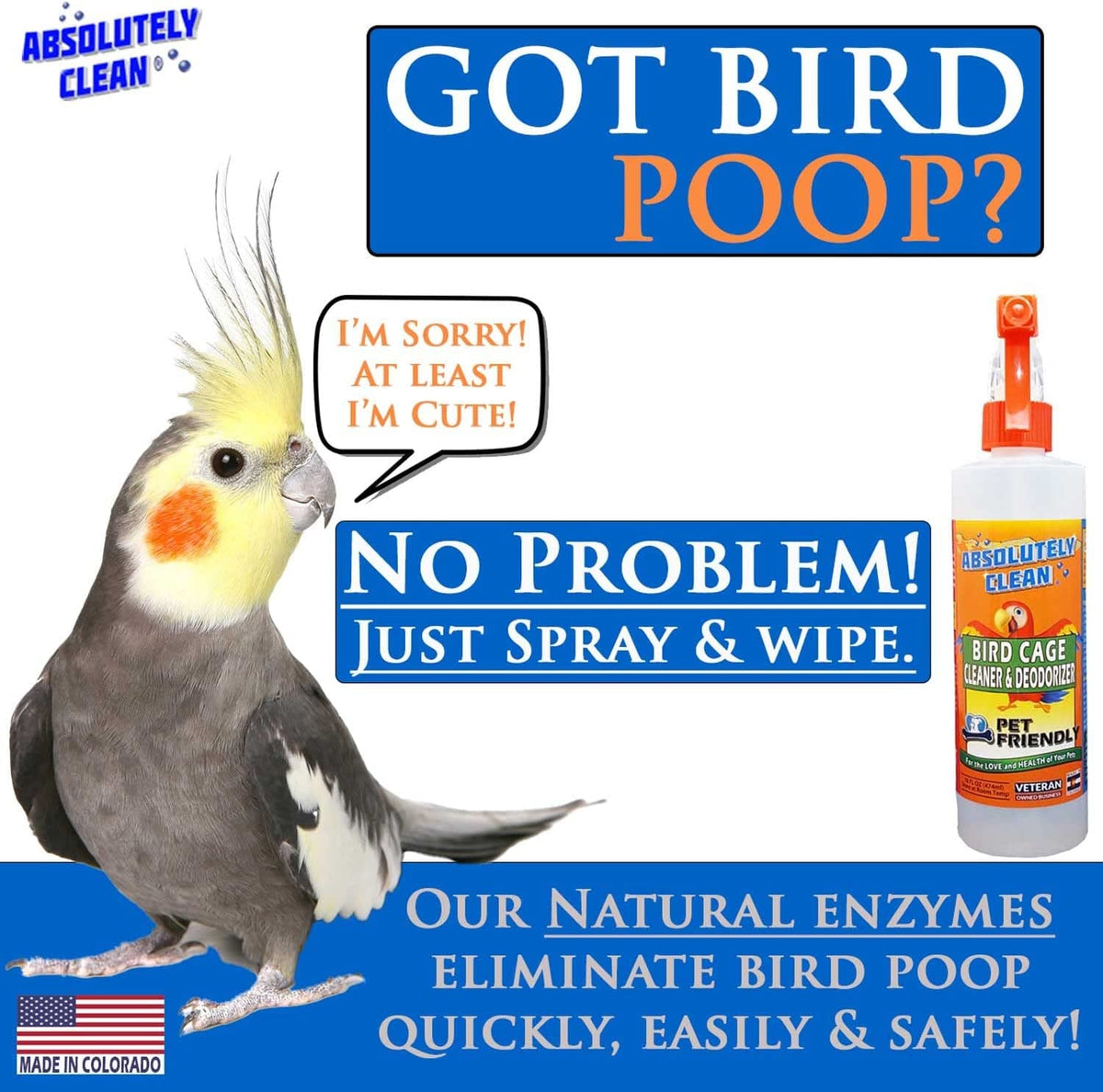 Bird cage cleaner and deodorizer spray bottle shown with a cockatiel