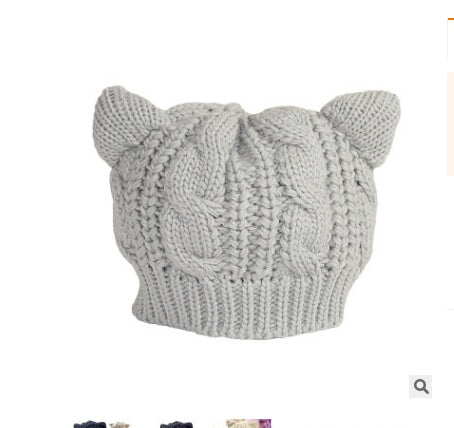 Women’s knitted cat-ear beanie hat, heather gray with cable-knit ear details