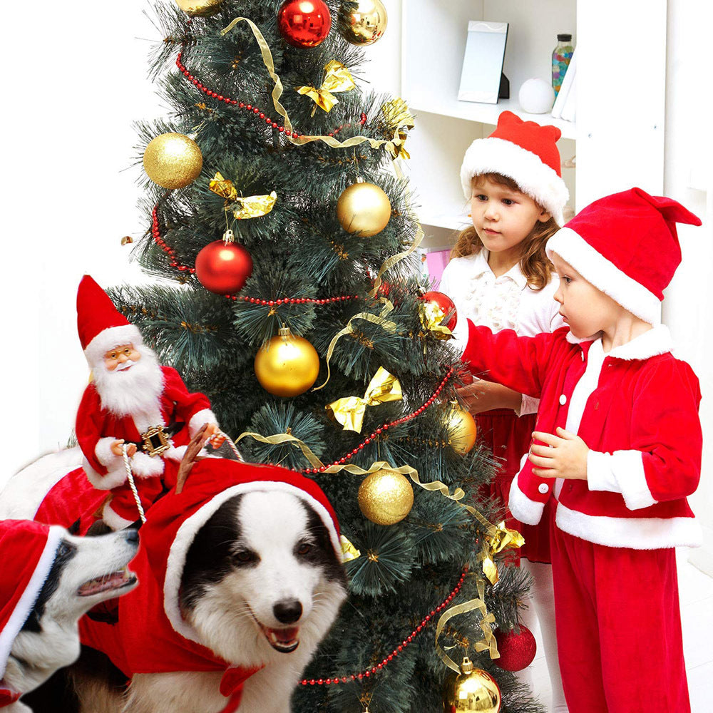 Dog wearing red Santa costume with white trim and antler applique on the chest