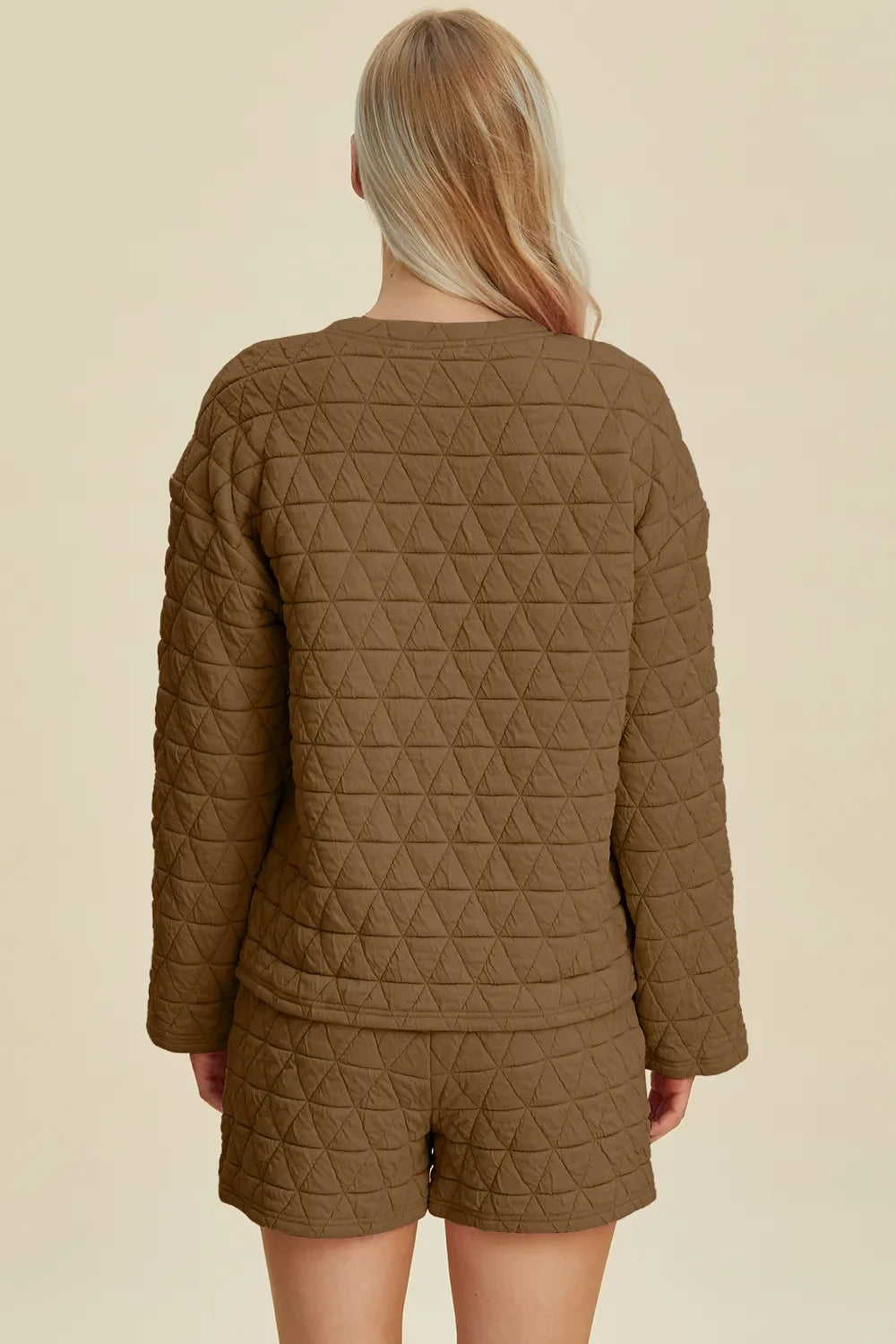 Textured coffee-brown long-sleeve top and matching shorts set, back view, diamond quilt