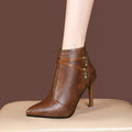 Coffee pointed-toe stiletto ankle boots with textured upper and side chain charm