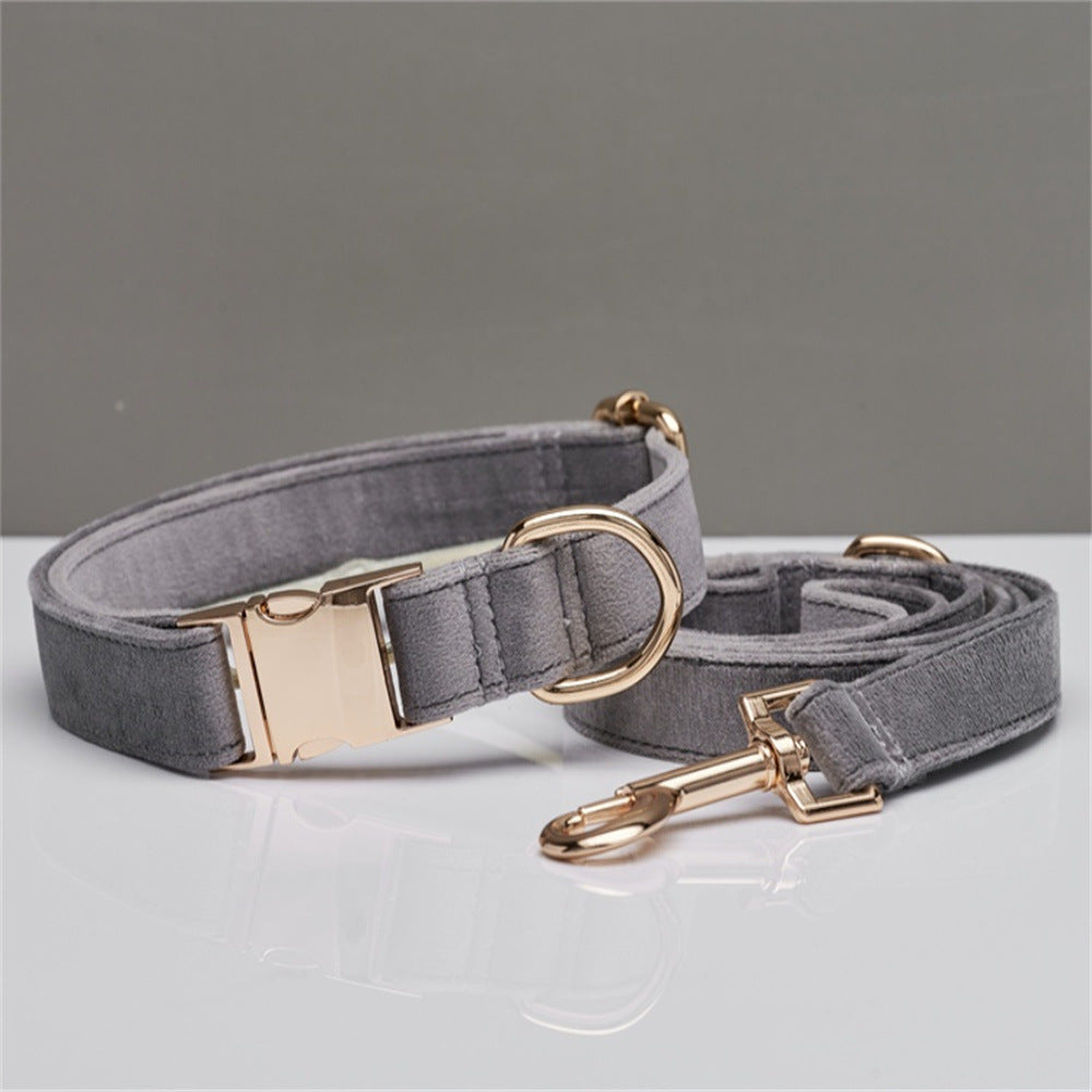 Velvet dog collar and leash set in grey with rose-gold D-ring and clips