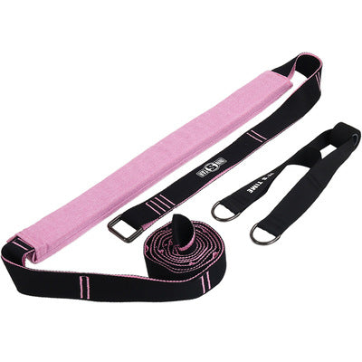 Pink yoga stretch band with black straps and metal buckles, rolled for storage