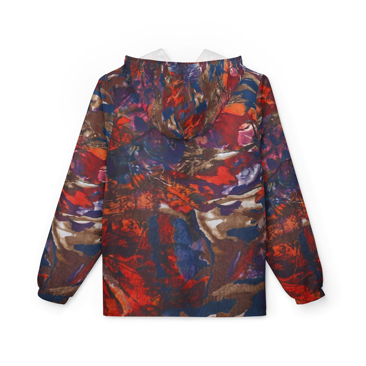 Hooded windbreaker jacket with abstract red, blue, and brown camo print, back view